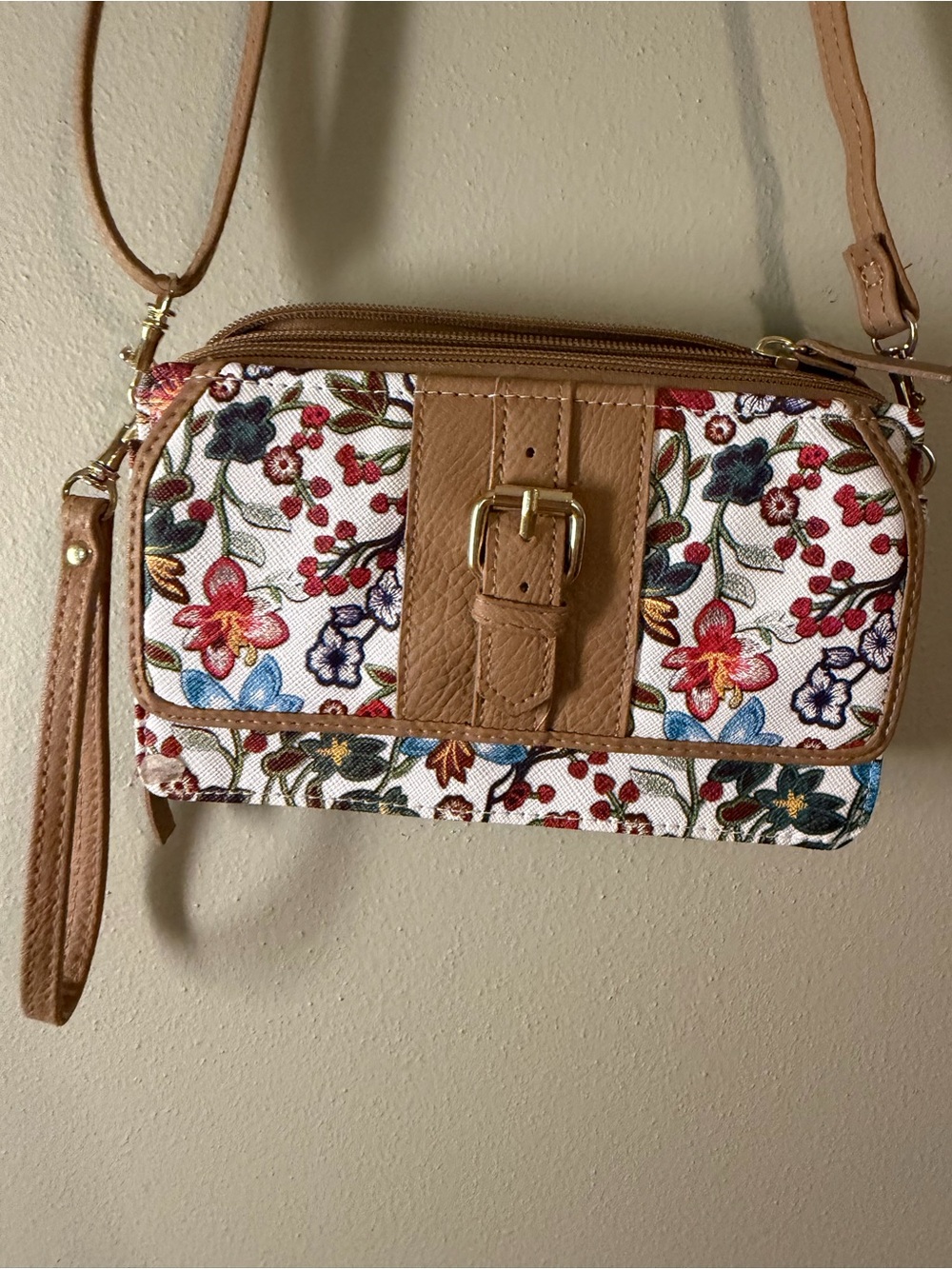 Floral Print Crossbody Wristlet Bag in Tan and Multi